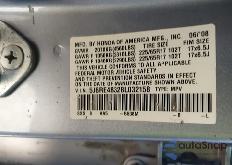 2008 Honda Cr-V Lx z USA, uszkodzony, nr VIN 5J6RE48328L032158